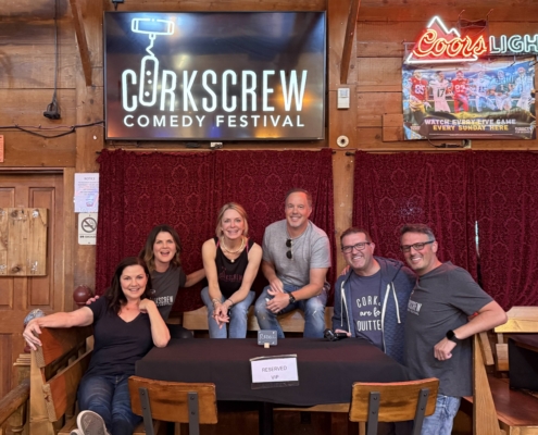 The Corkscrew Comedy Festival Producers from left: Anna Vocino, Dianne Dominguez, Sunny Doench Stricker, Dan Dominguez, Tater Stricker, and Loren Tarquinio